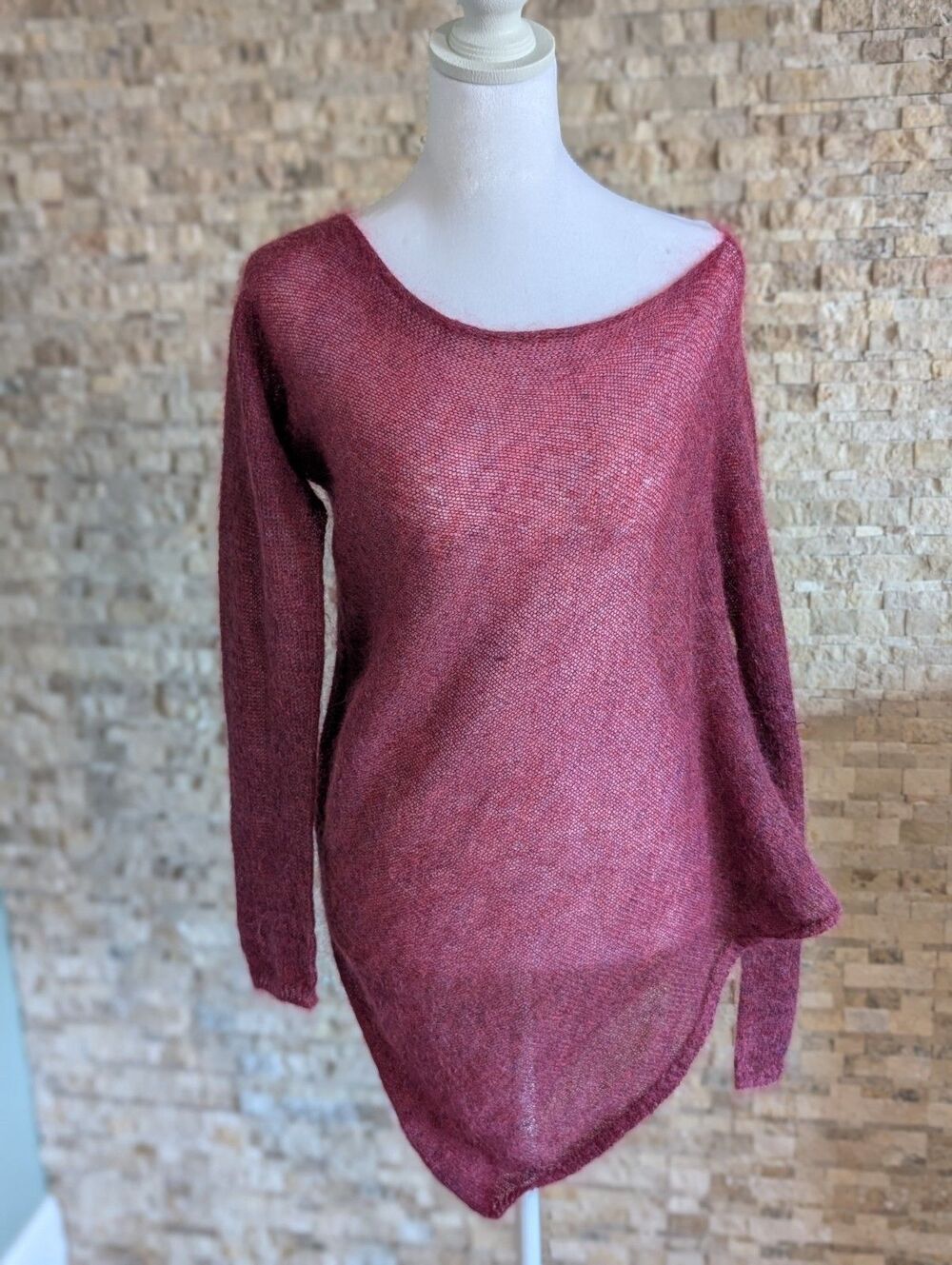 Asymmetrical Italian Knit Superkid Mohair Wool Off Shoulder Sweater Vintage Sz S